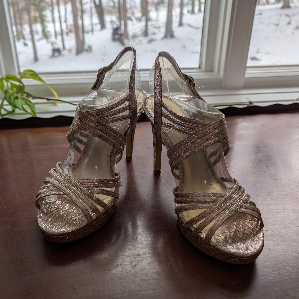 Papell Studio (Adrianna Papell) Gold With Silver Accents Strappy Heels - Picture 2 of 14
